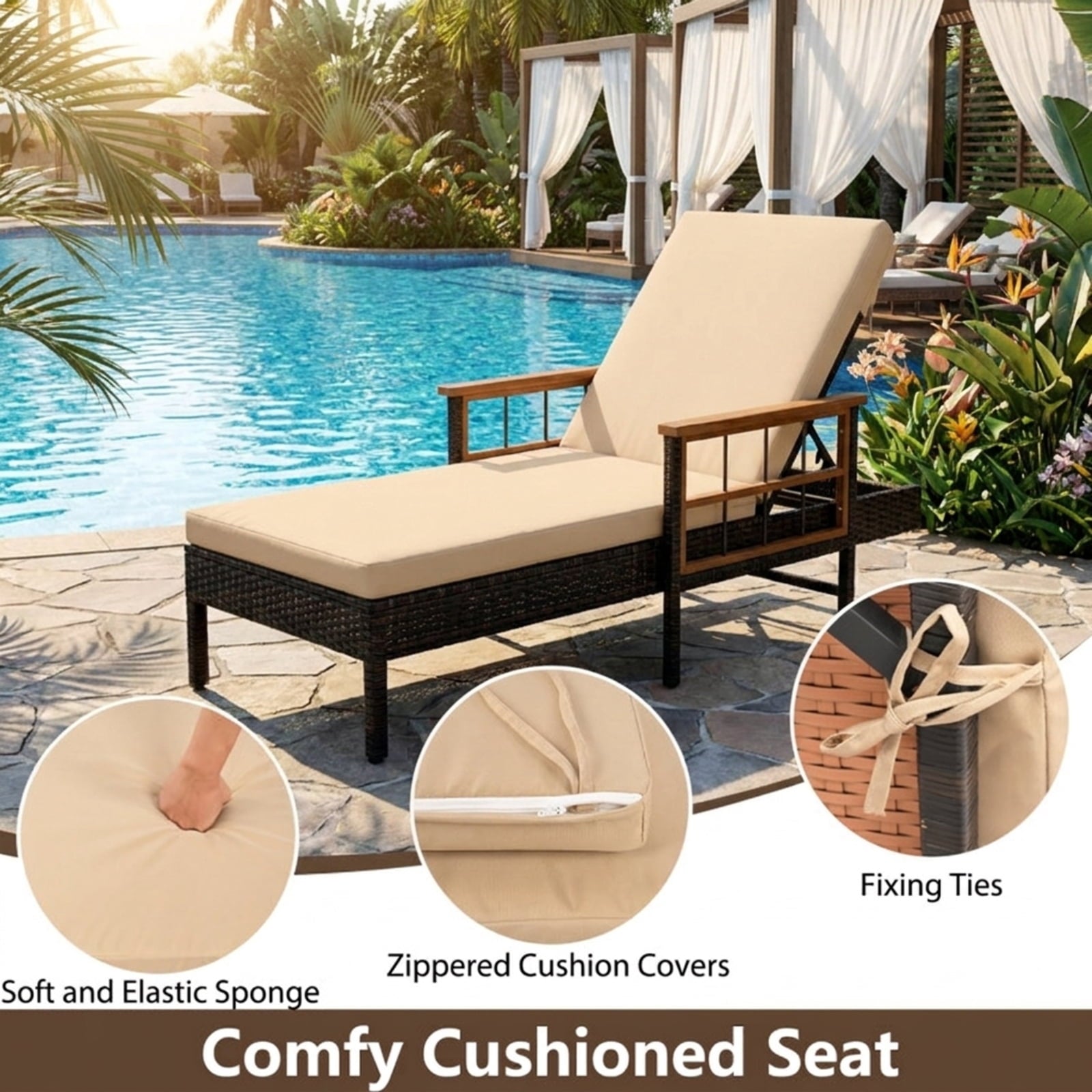 Biotree Outdoor Reclining Lounger Chair with 4-Level Adjustable Backrest Stackable Patio Chair for Garden BackyardBeige