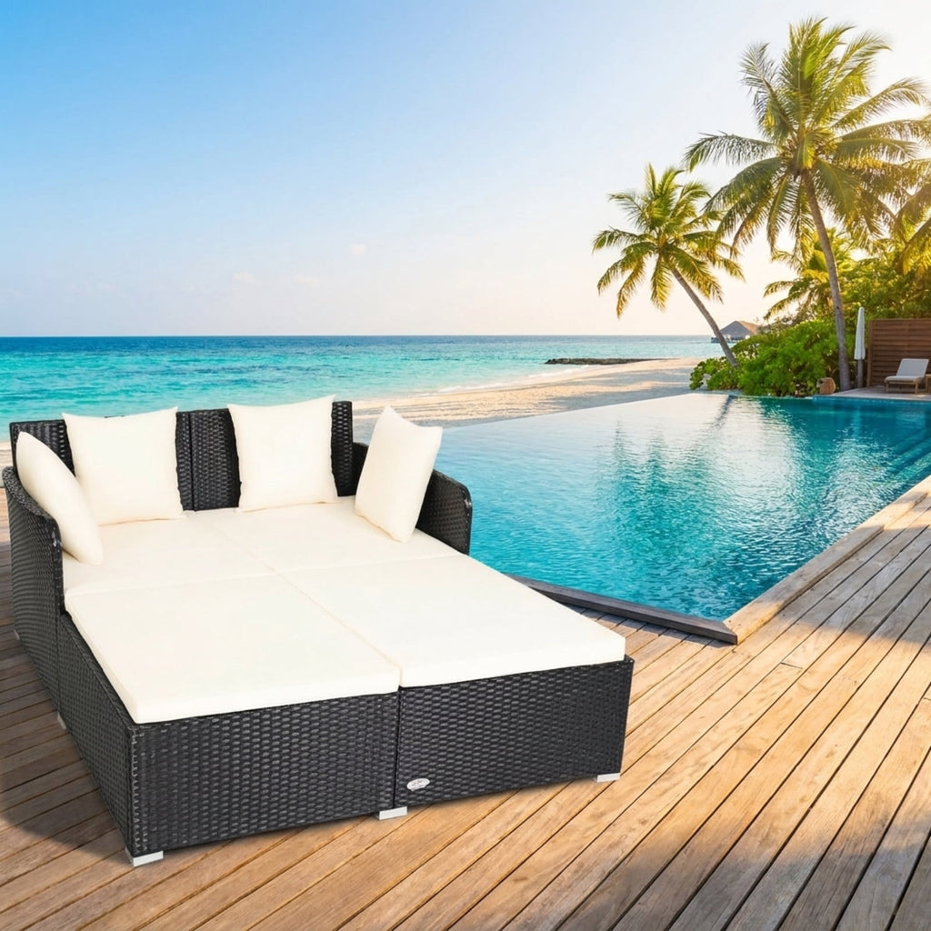 Biotree Spacious Outdoor Rattan Daybed with Upholstered Cushions and Pillows Outdoor Conversation Set for Garden Backyard PorchWhite