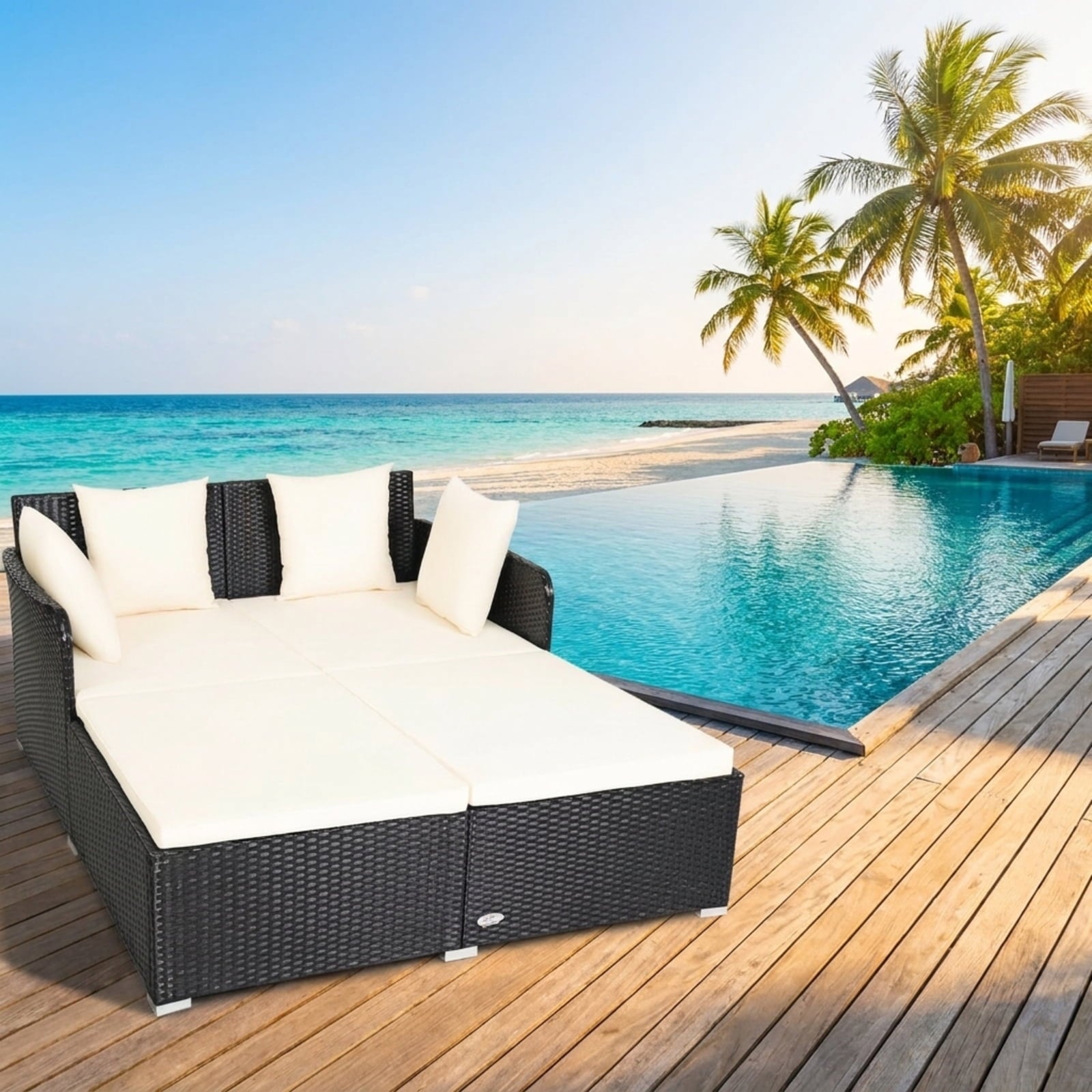 Biotree Spacious Outdoor Rattan Daybed with Upholstered Cushions and Pillows Outdoor Conversation Set for Garden Backyard PorchWhite