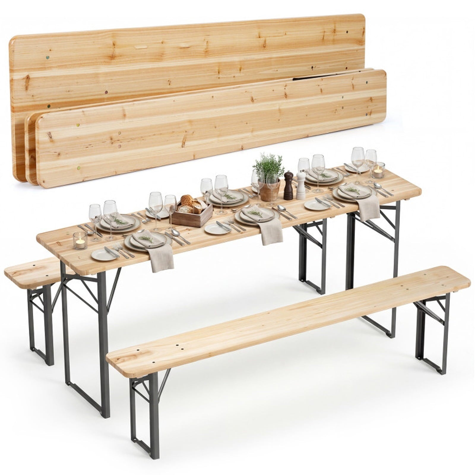 Biotree 70 Inch 3-Piece Folding Picnic Table with Benches for 6 Fir Wood Portable Bear Camping Table, Dark Brown