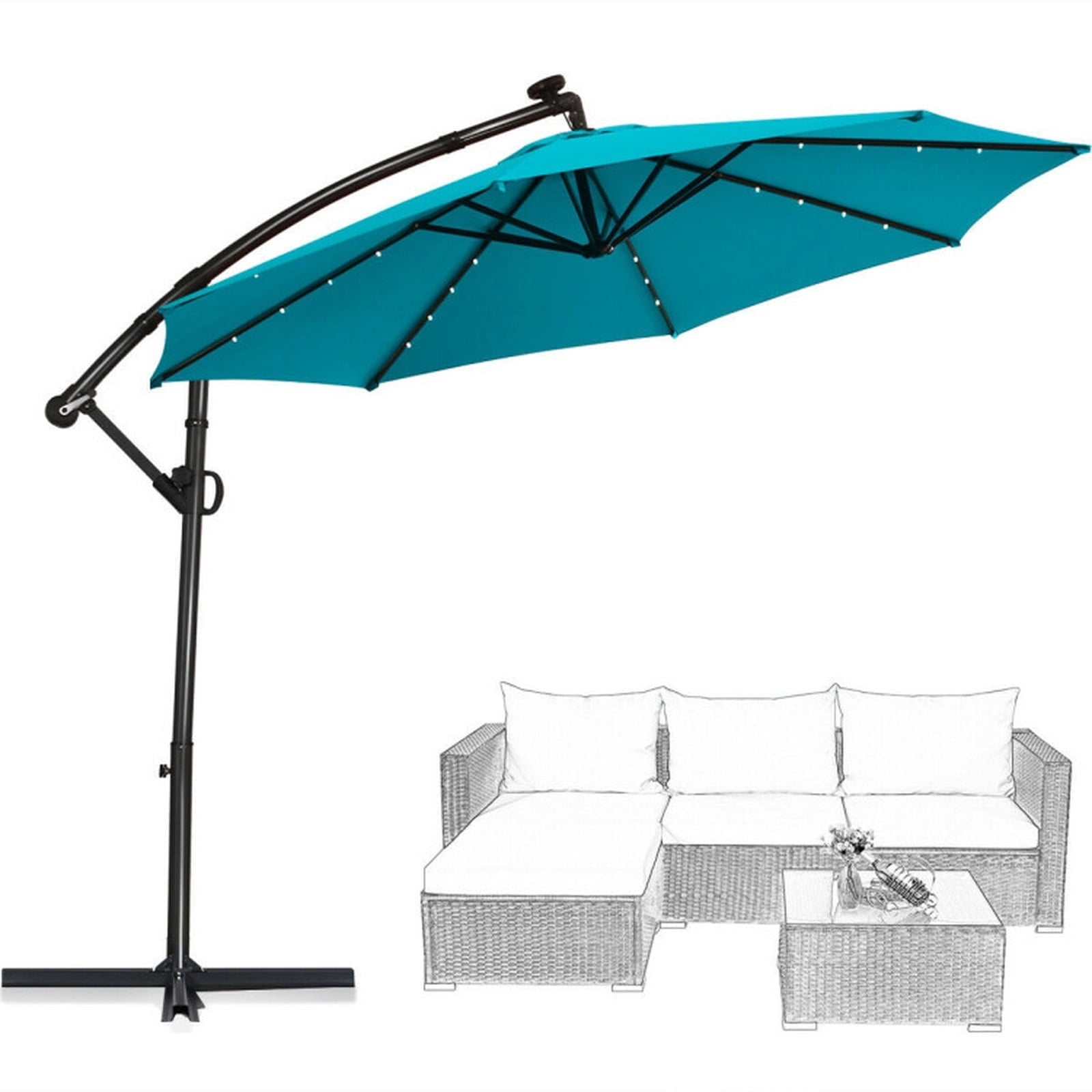 Biotree 10FT 360¡ã Rotation Solar Powered LED Patio Offset Umbrella-Turquoise Outdoor Backyard Hanging