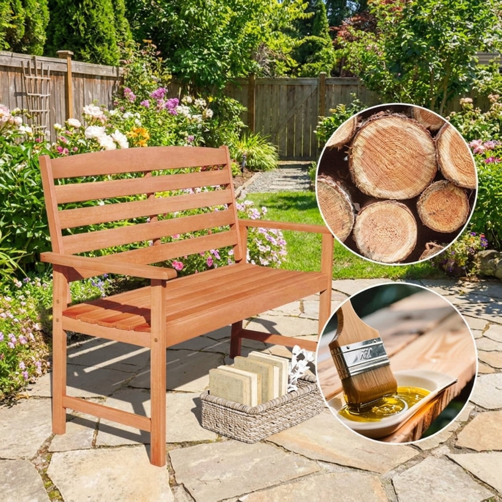 Biotree 2-Person Wooden Garden Bench with Slatted Backrest and Comfortable Armrests Stackable Patio Chair for Garden BackyardNatural