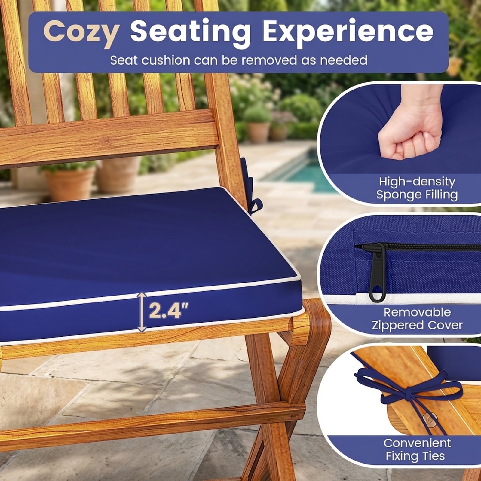 Biotree 3-Piece Acacia Wood Folding Bistro Set with Cushions-Navy