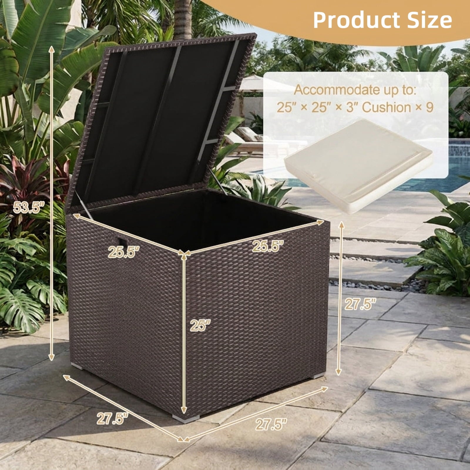 Biotree 72 Gallon Rattan Outdoor Storage Box with Zippered Liner and Solid Pneumatic Rod Outdoor Waterproof for Patio Deck Garden Cushions, Brown