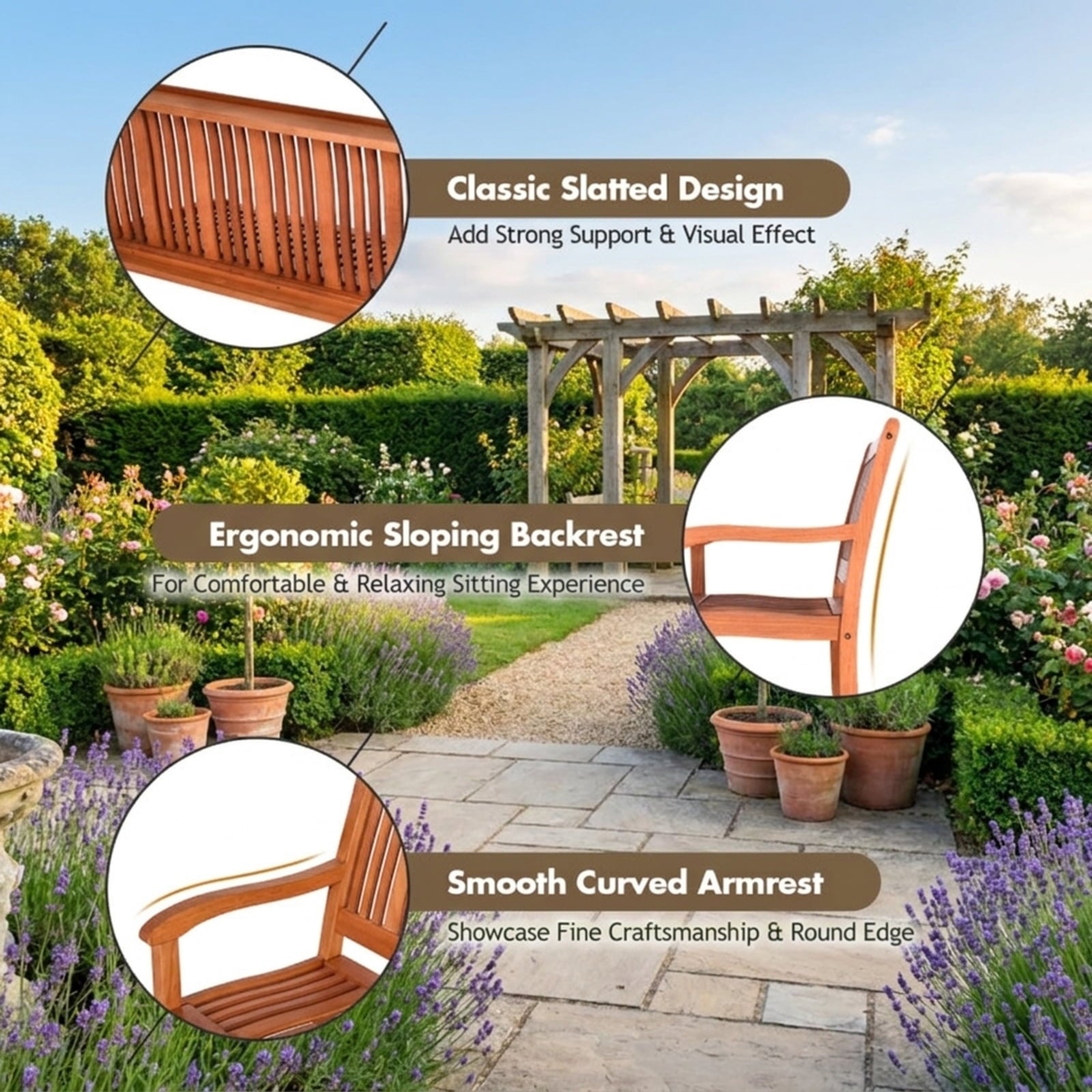 Biotree Two Person Solid Wood Garden Bench with Curved Backrest and Wide Armrest Stackable Patio Chair for Garden Backyard