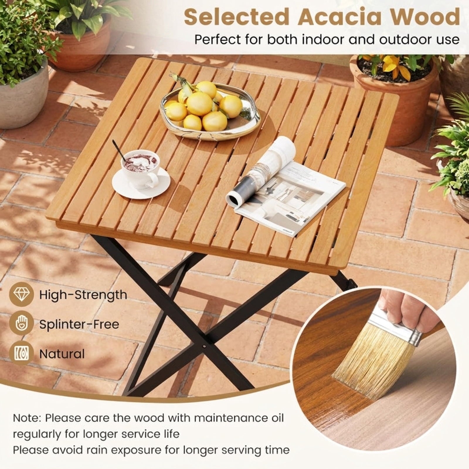 Biotree 28 Inch Patio Folding Square Table with Slatted Tabletop for Backyard Porch, Black