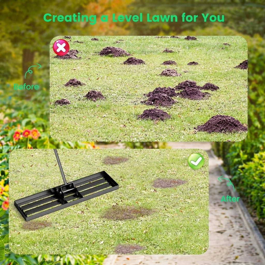 Biotree 36 x 10 Inch Lawn Leveling Rake with Ergonomic Handle for Lawn Garden Yard Soil Care, Black