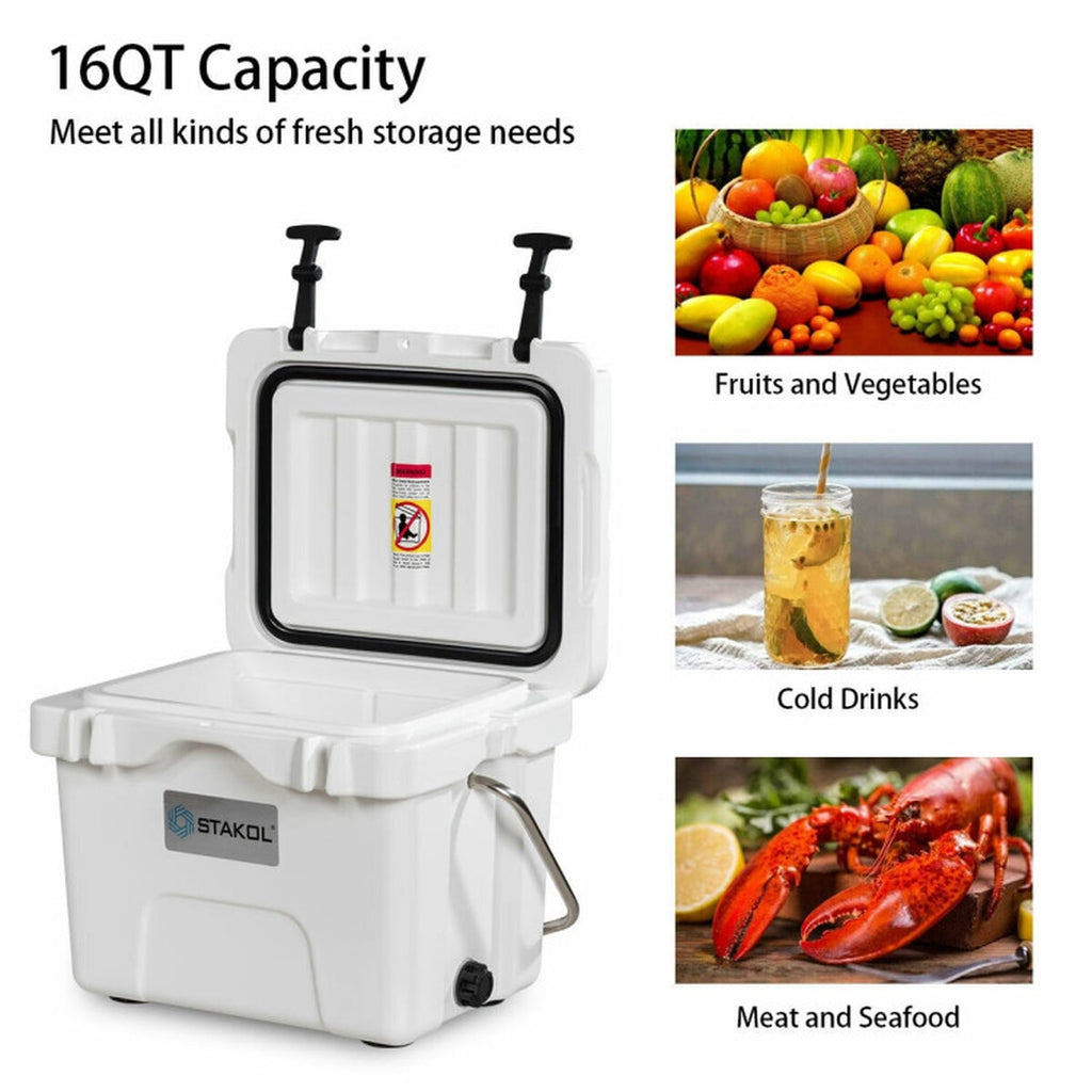 Biotree 16 Quart 24 Can Capacity Portable Insulated Ice Cooler with 2 Cup Holders, White