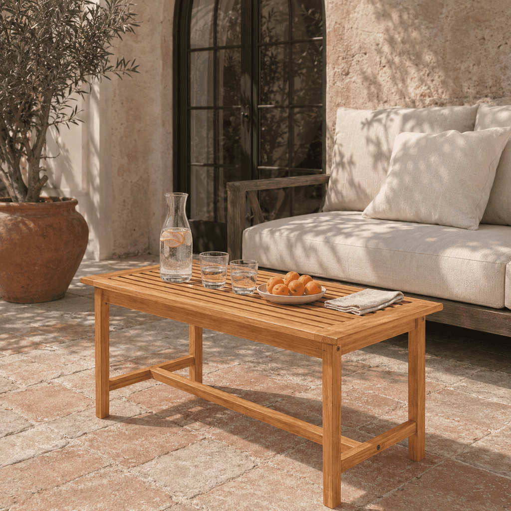 Biotree 36-Inch Rectangular Teak Wood Patio Coffee Table with Slatted Top, Reinforced Outdoor Side Table for Garden, Poolside and Balcony, Natural