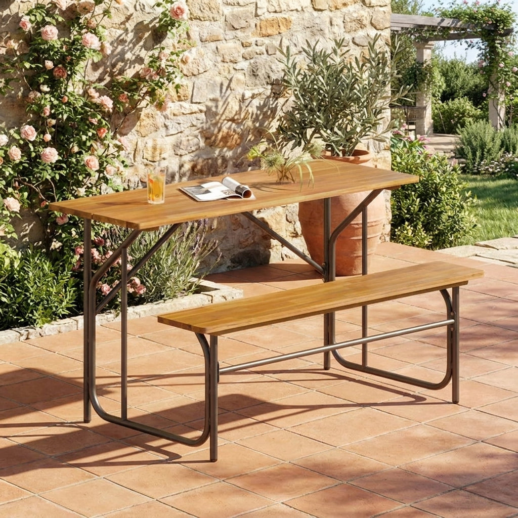 Biotree Acacia Wood Patio Table Bench for 2 People One-Side Picnic Table, Black