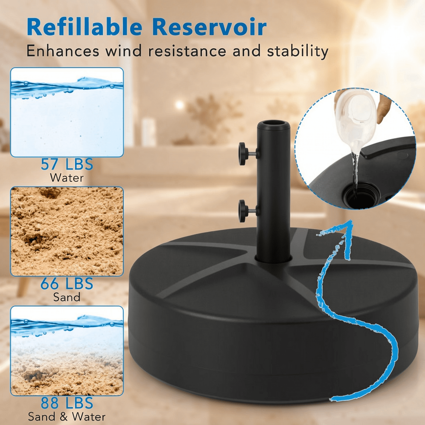 Biotree Patio Umbrella Base 88LBS Capacity Water and Sand Fillable Market Table Umbrella Stand-Black