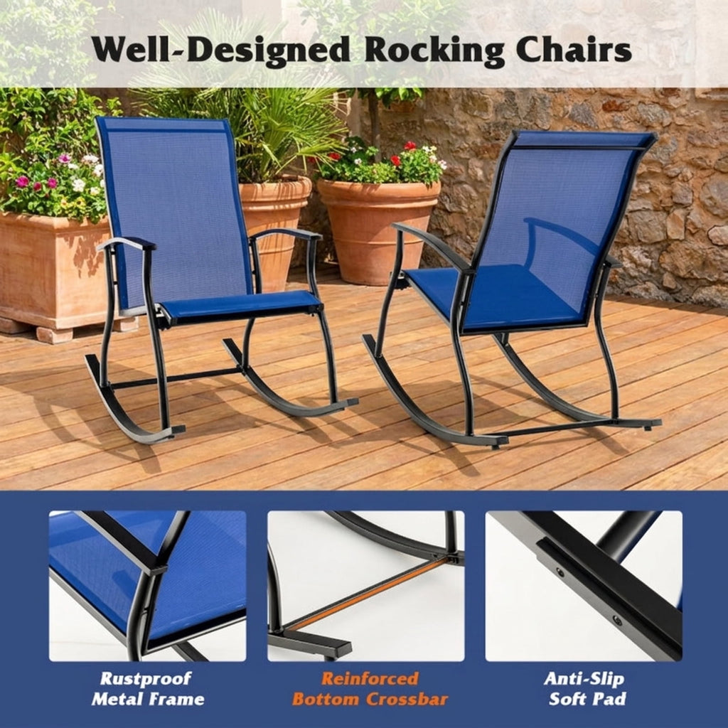 Biotree 2 Pieces Outdoor Rocking Chairs with Breathable Backrest Stackable Patio Chair for Garden BackyardNavy