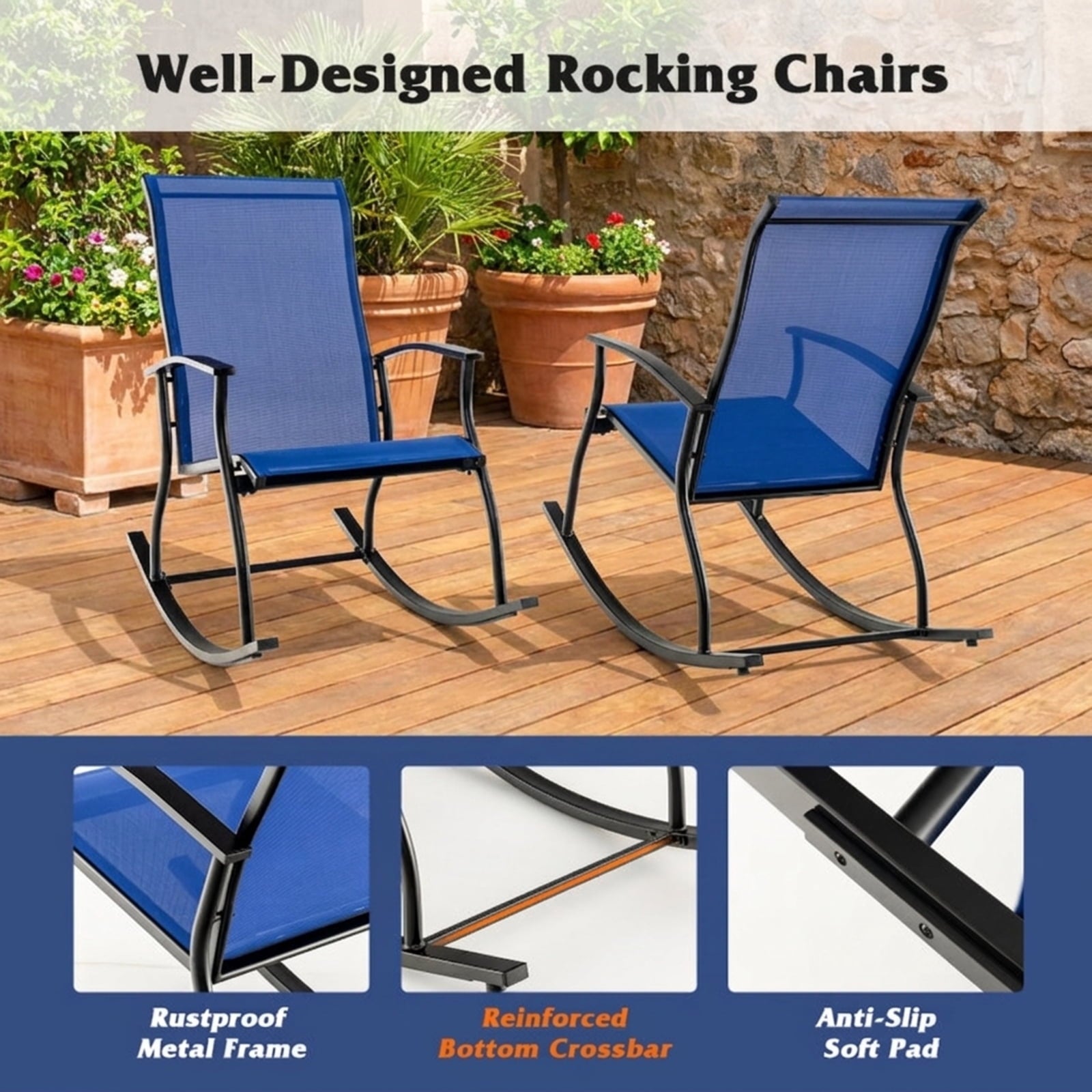 Biotree 2 Pieces Outdoor Rocking Chairs with Breathable Backrest Stackable Patio Chair for Garden BackyardNavy