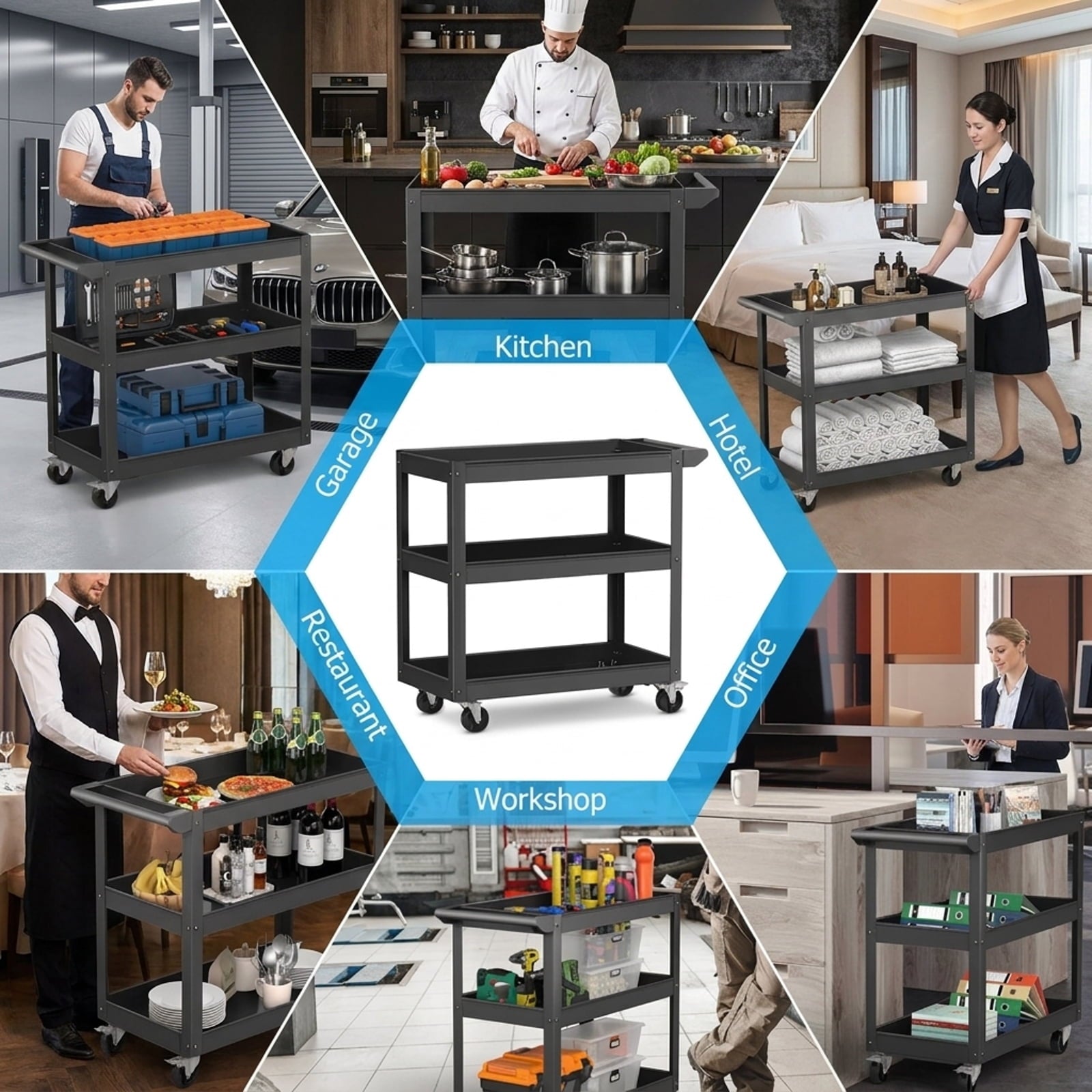 Biotree 3-Tier Metal Utility Cart Tool Trolley Flat Handle 2 Lockable Wheels 400 lbs - Black