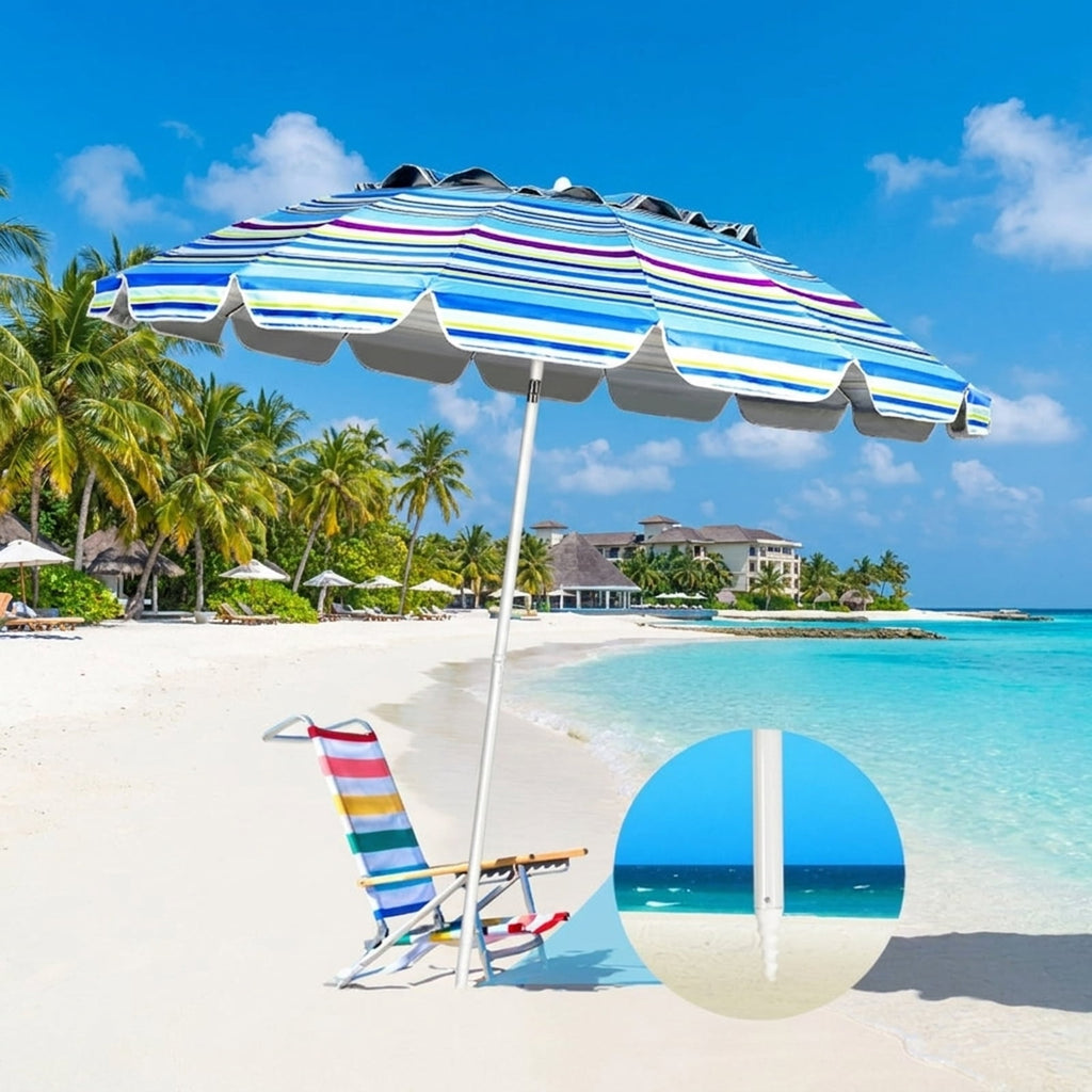 Biotree 8.0 ft Portable Beach Umbrella with Carrying Bag, 16 Ribs, Sand Tilt Mechanism - Blue for Backyard