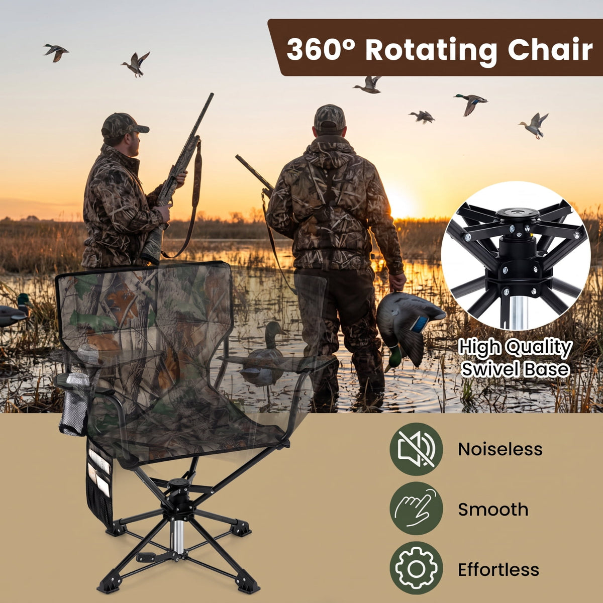 Biotree 360 Degree Swivel Hunting Chair, Portable Folding Camping Chair with Cup Holder, Storage Pockets and Carry Bag, 300 Lbs Capacity, Green