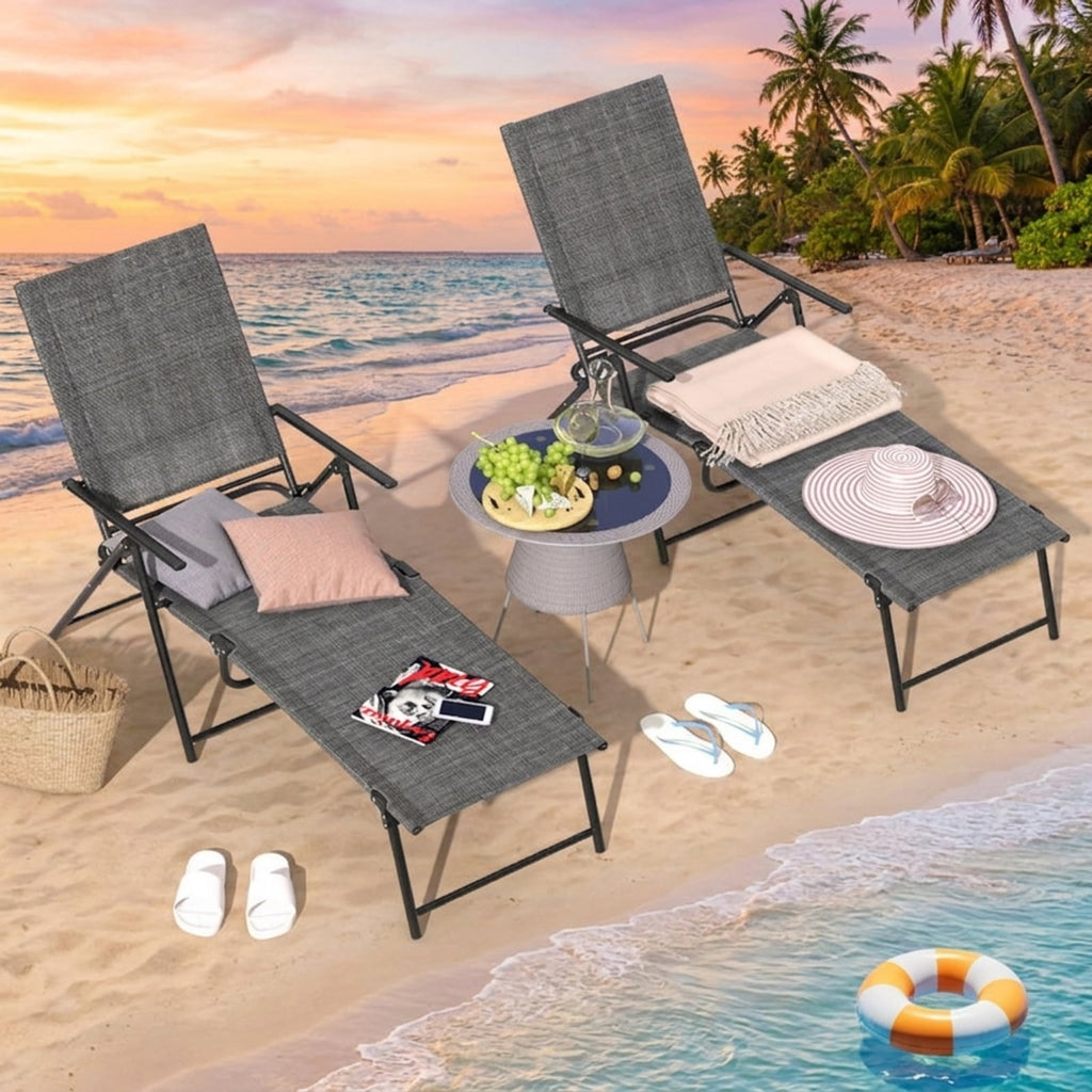Biotree 2 Piece Patio Folding Chaise Lounge Chairs Recliner with 6-Level Backrest Stackable Patio Chair for Garden BackyardGray