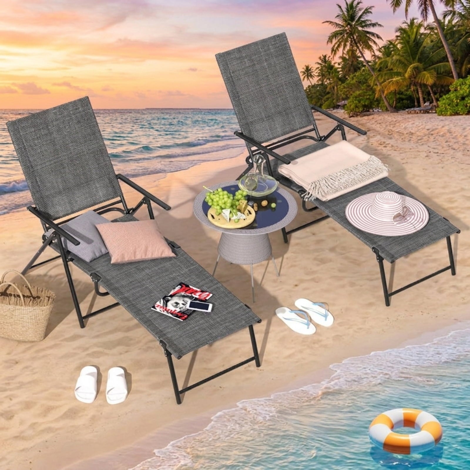 Biotree 2 Piece Patio Folding Chaise Lounge Chairs Recliner with 6-Level Backrest Stackable Patio Chair for Garden BackyardGray