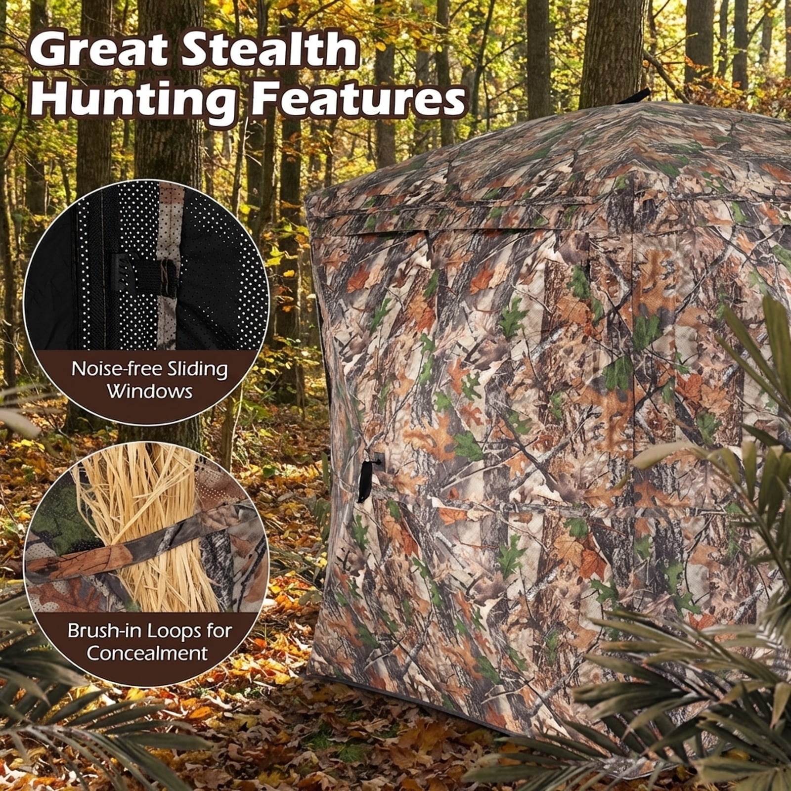 Biotree 270 Degree See Through Hunting Blind Tent with Silent Magnetic Door Pop Up Ground Blind for Deer Turkey, Camouflage