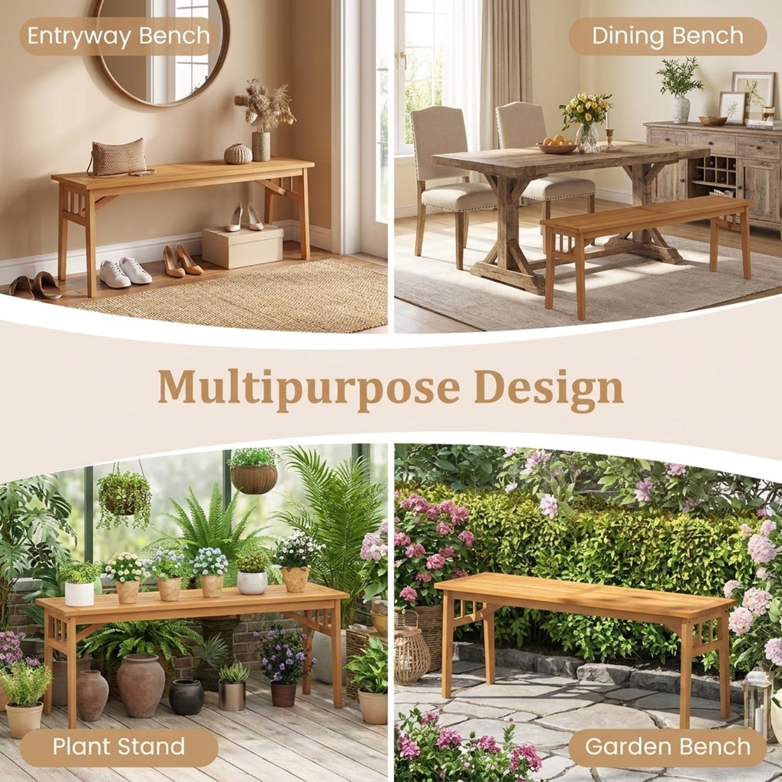 Biotree 48 Inches Acacia Wood Bench with Breathable Slat Seat and Stable Triangular Structure-1Natural