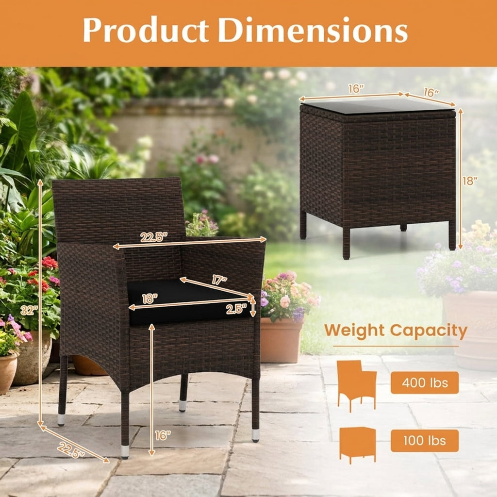 Biotree 3 Pieces Outdoor Conversation Set with Cushioned Seat and Glass Tabletop Outdoor Conversation Set for Garden Backyard PorchBlack