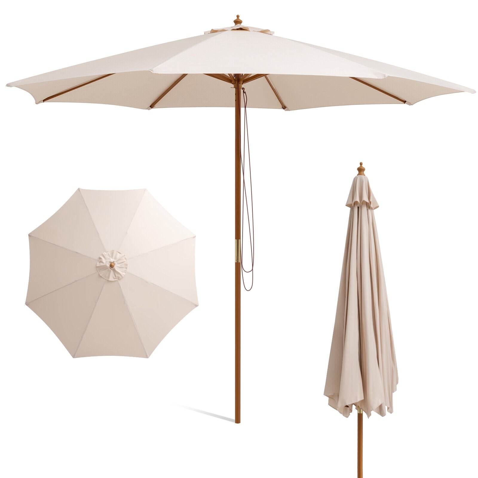 Biotree 10 Feet Patio Umbrella with 8 Wooden Ribs and 3 Adjustable Heights-Beige Deck Garden Pool Outdoor Living