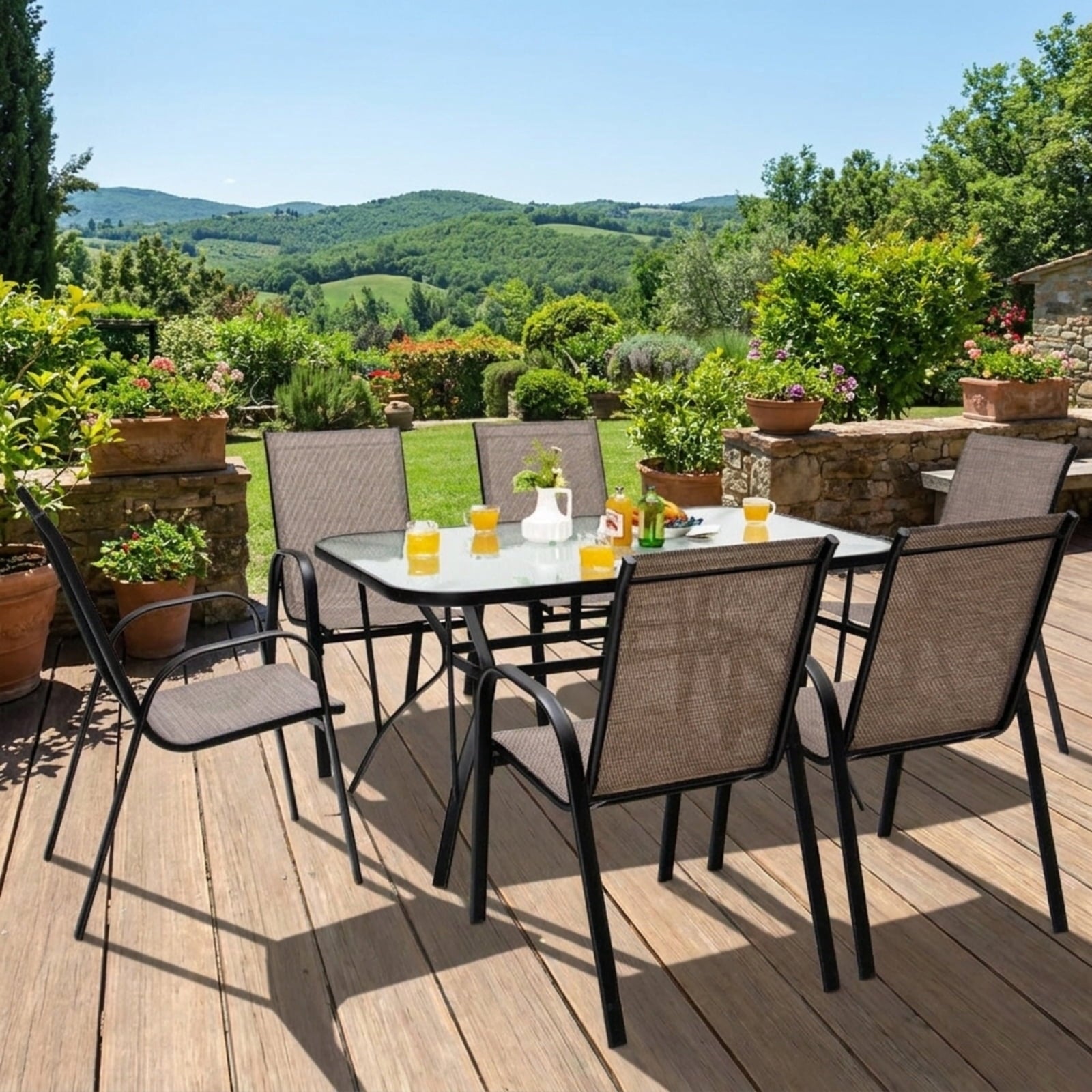 Biotree 6 Pieces Patio Stackable Dining Chairs with Curved Armrests and Breathable Fabric Stackable Patio Chair for Garden BackyardBrown