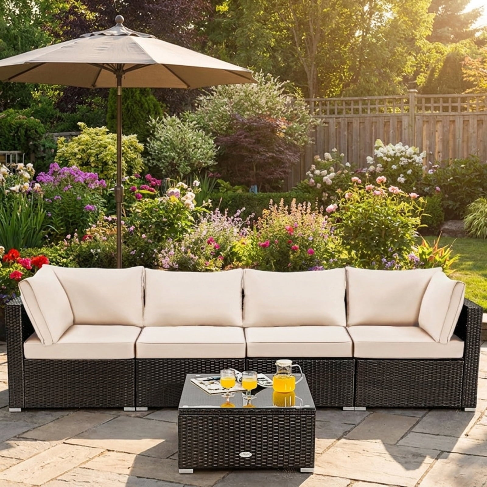 Biotree 5 Pieces Cushioned Patio Rattan Furniture Set with Glass Table Outdoor Conversation Set for Garden Backyard PorchWhite