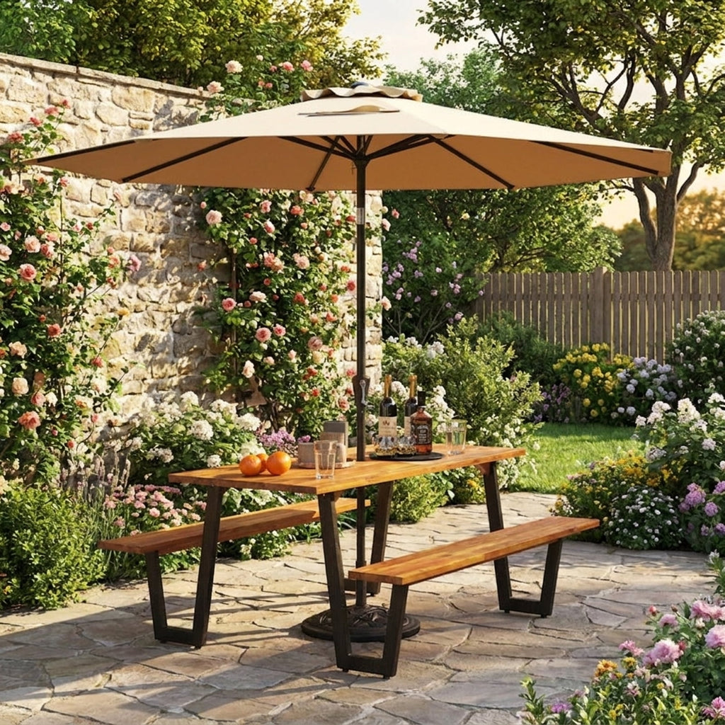 Biotree Outdoor Dining Table Set for 6 with 10 Feet Umbrella and Base, Black