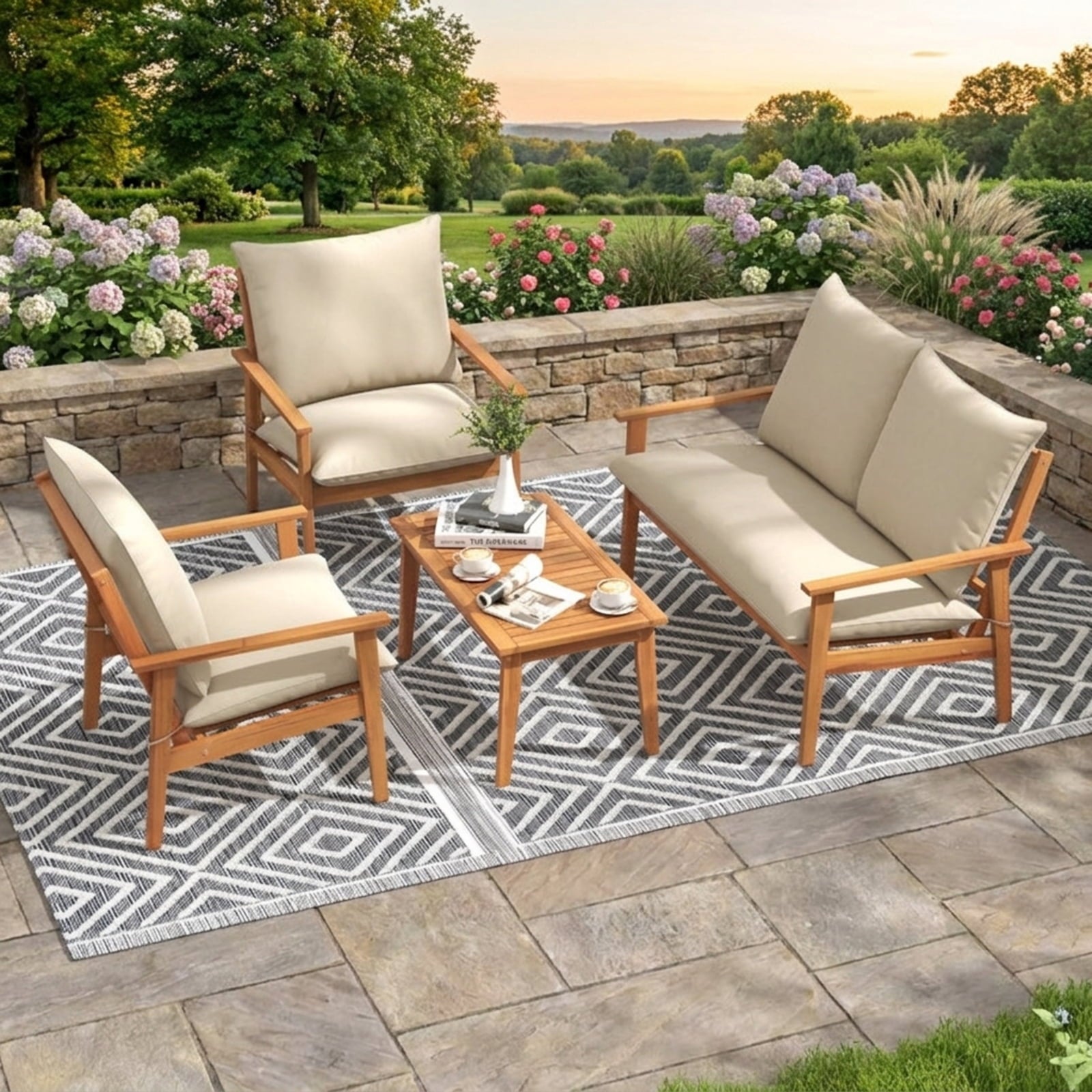 Biotree 4 Pieces Outdoor Acacia Wood Conversation Set with Soft Cushions and Coffee Table Outdoor Conversation Set for Garden Backyard PorchWhite