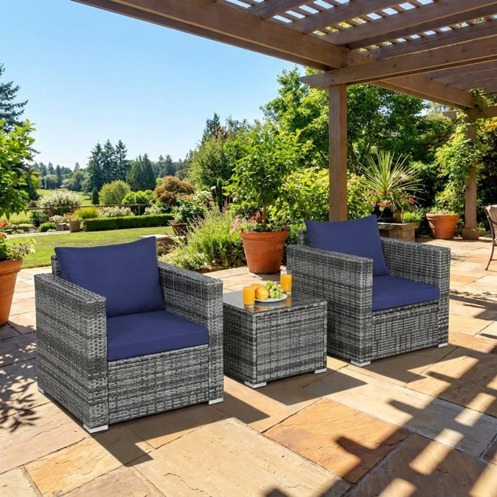 Biotree 3 Pcs Patio Rattan Furniture Bistro Sofa Set with Cushioned Outdoor Conversation Set for Garden Backyard PorchNavy