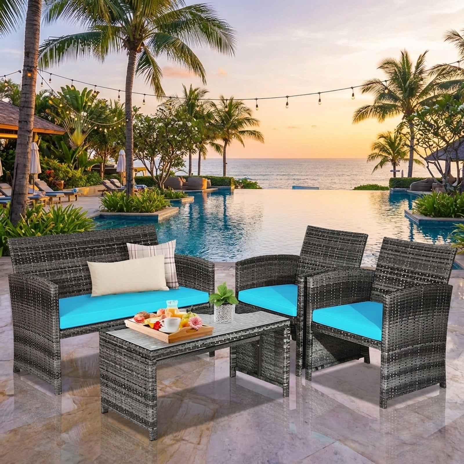 Biotree 4-Piece Patio Rattan Furniture Set-Turquoise