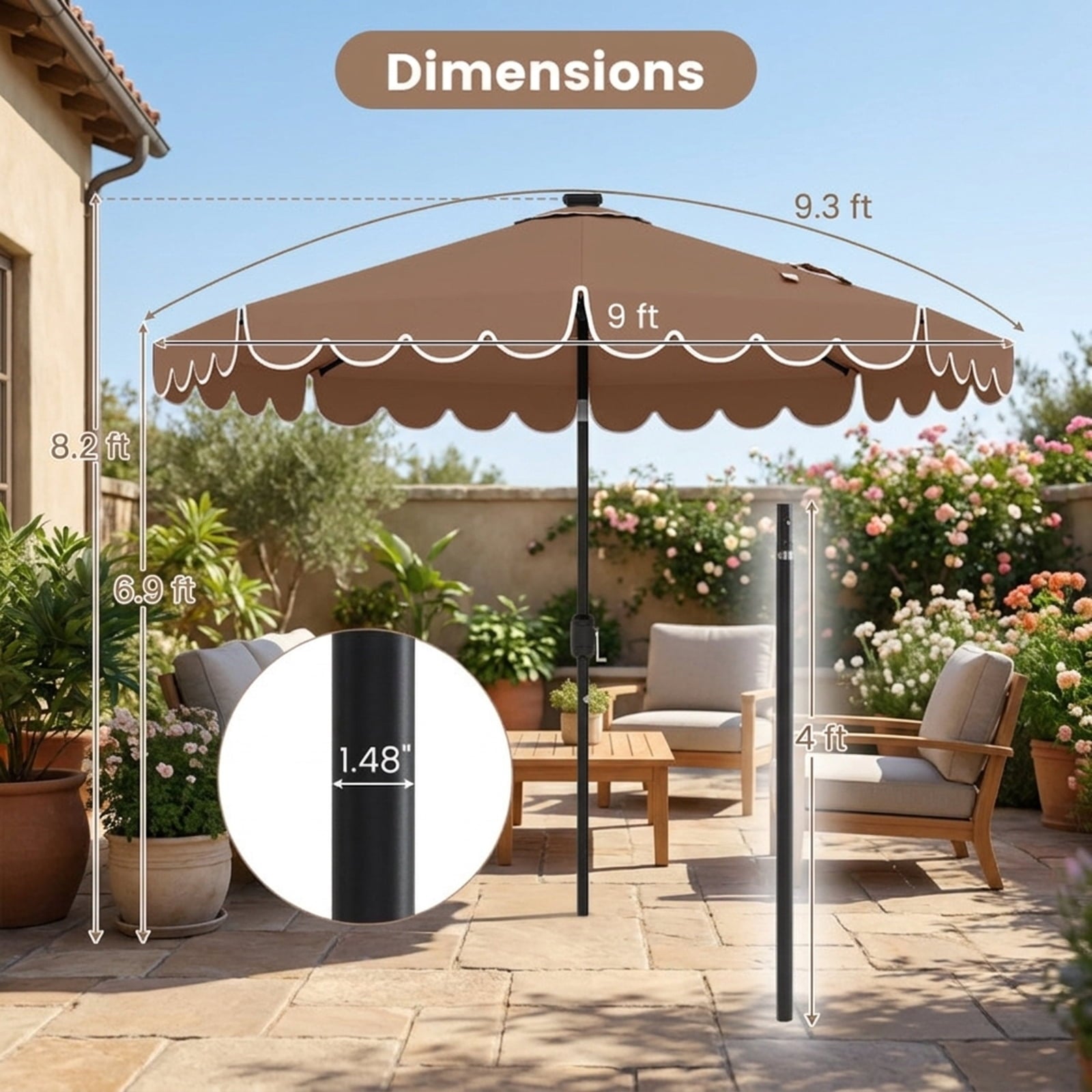 Biotree 9.3 ft Market Patio Umbrella with Crank and Tilt, 8 Sturdy Ribs, Vented Canopy - Coffee for Backyard