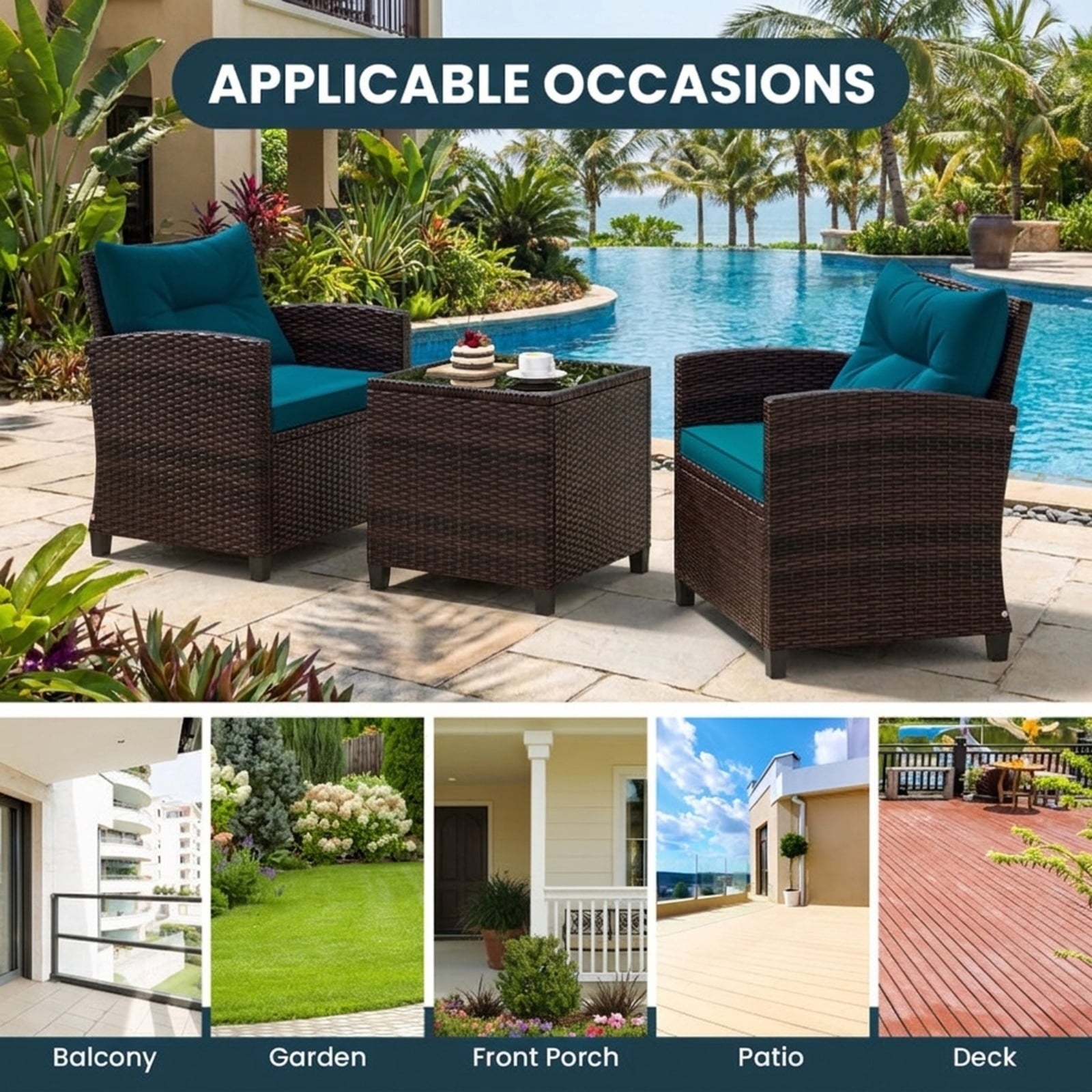 Biotree 3 Pieces Rattan Patio Furniture Set with Washable Cushion Outdoor Conversation Set for Garden Backyard PorchPeacock Blue
