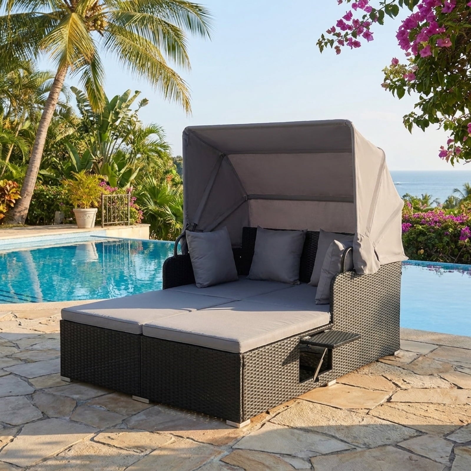 Biotree Patio Rattan Daybed with Retractable Canopy and Side Tables Outdoor Conversation Set for Garden Backyard PorchGray
