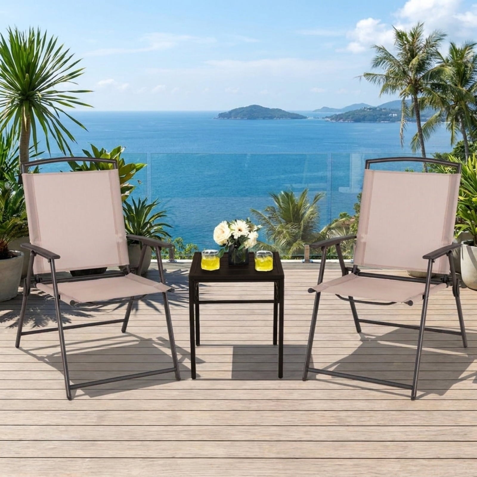 Biotree Set of 2 Patio Dining Chairs with Armrests and Rustproof Steel Frame Stackable Patio Chair for Garden BackyardBeige