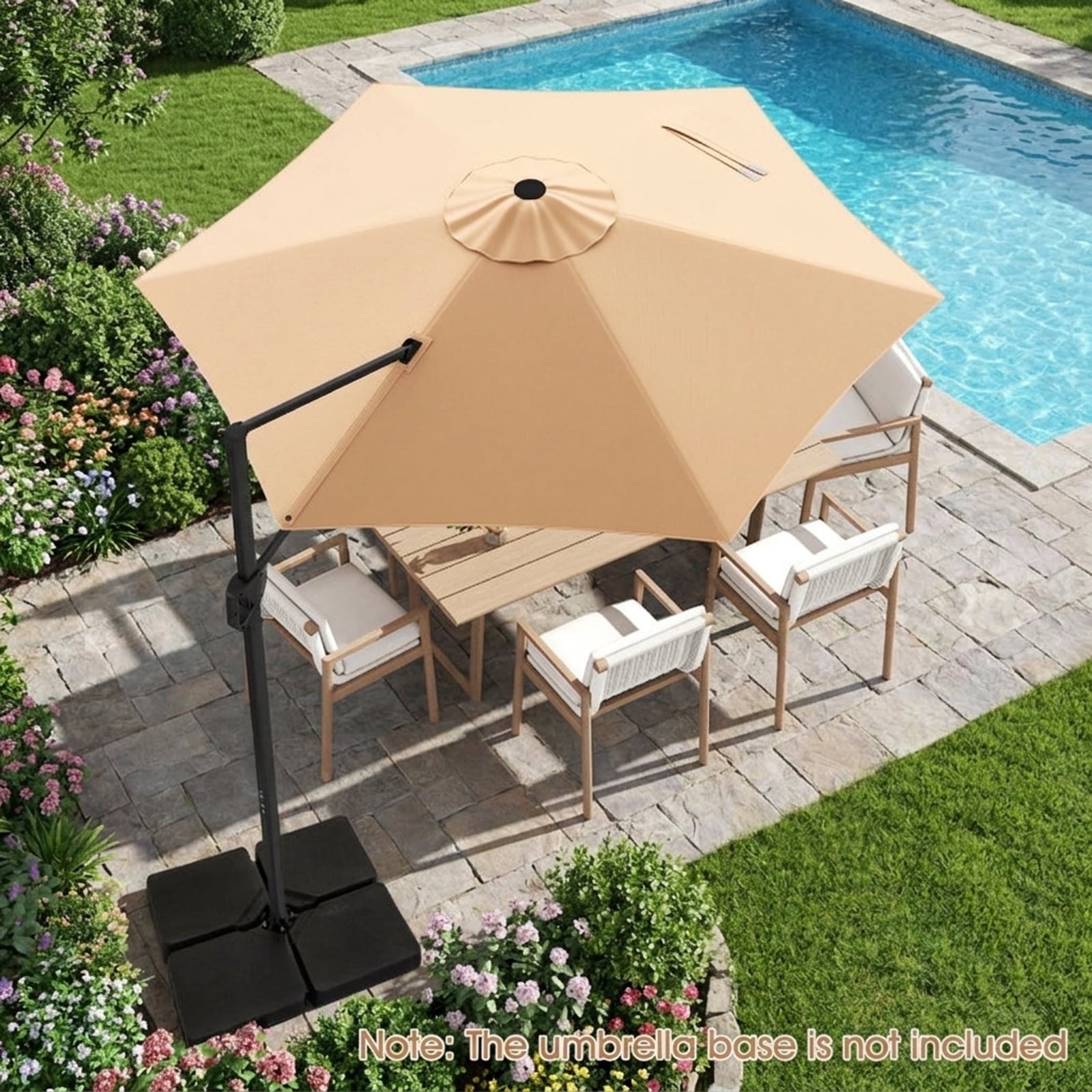 Biotree 9 ft Cantilever Patio Umbrella Offset Hanging with Cross Base, 8 Ribs - Beige for Backyard Garden Poolside