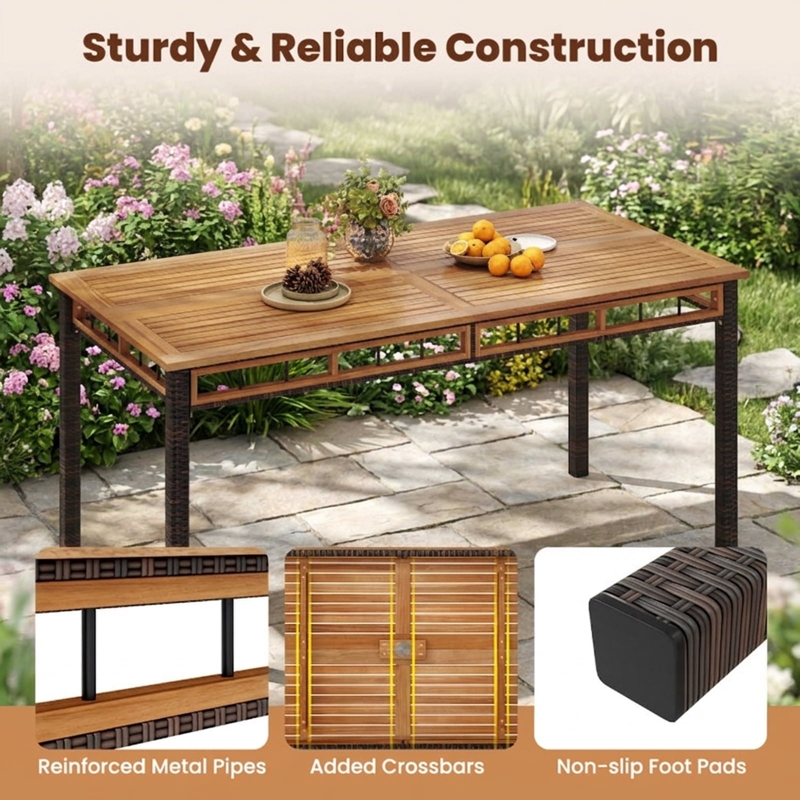Biotree 63" Outdoor Dining Table with Acacia Wood Slatted Tabletop, Black