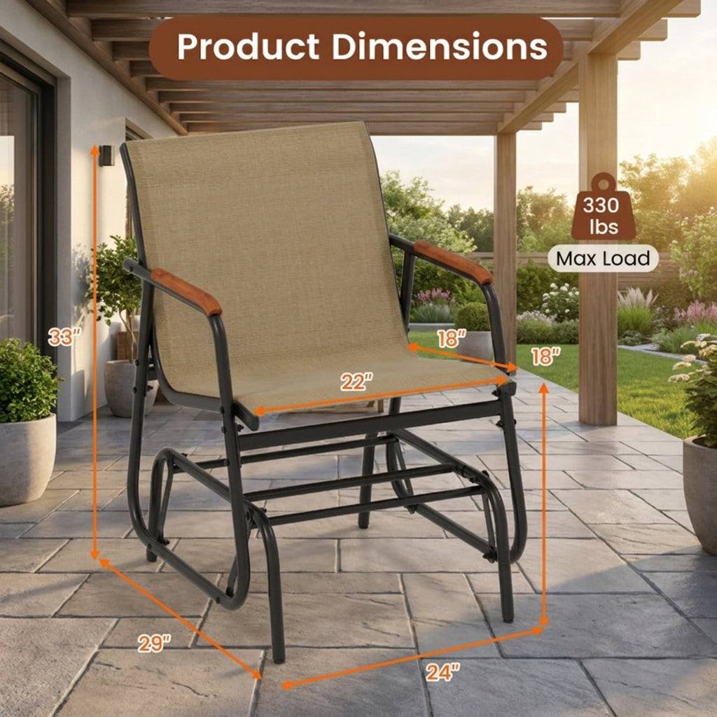 Biotree Patio Glider Chair Set of 2 with Curved Teak Armrests and Breathable Fabric Seat Stackable Patio Chair for Garden BackyardBrown