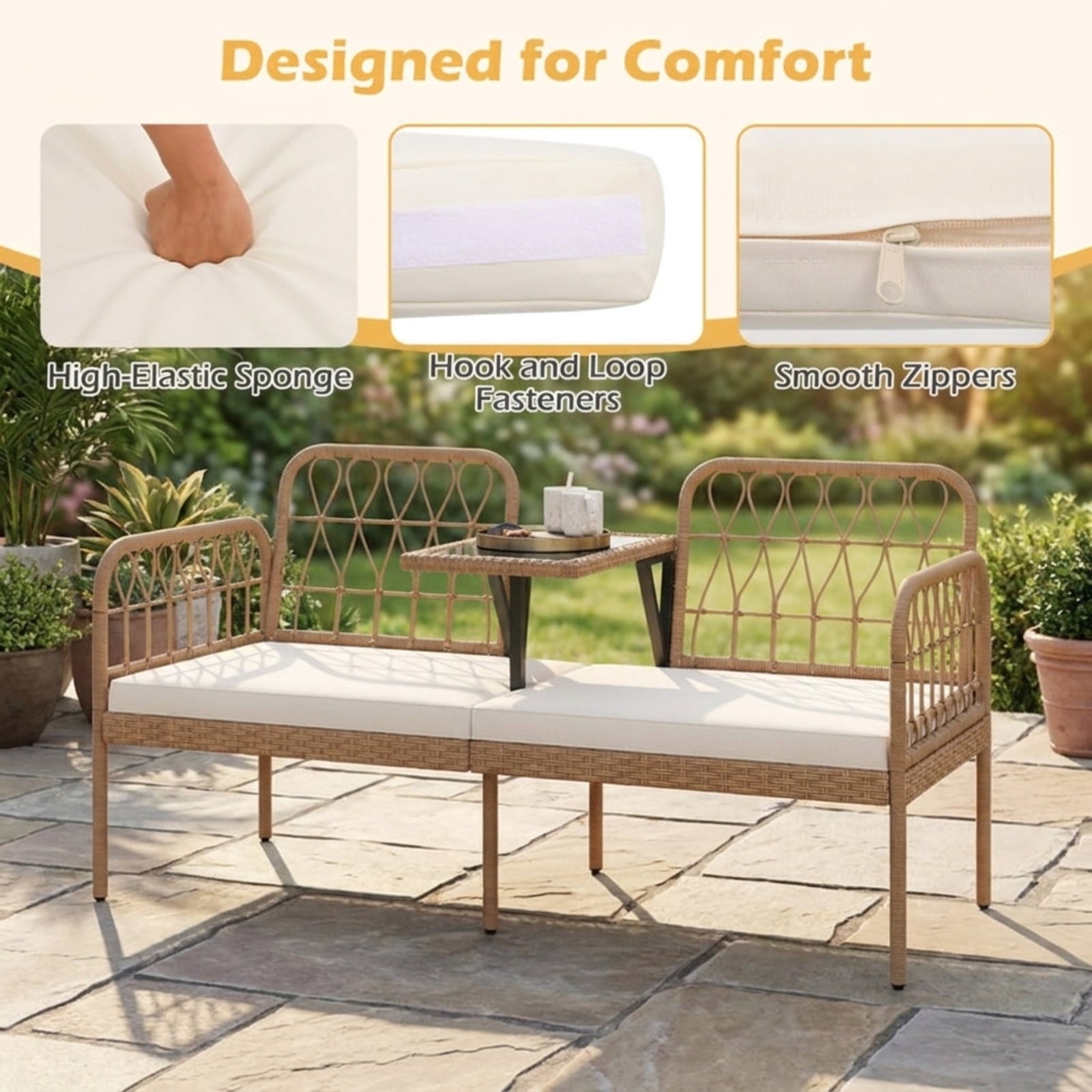 Biotree 2-Seat PE Rattan Outdoor Loveseat with Built-in Coffee Table and Soft Cushions Stackable Patio Chair for Garden BackyardWhite