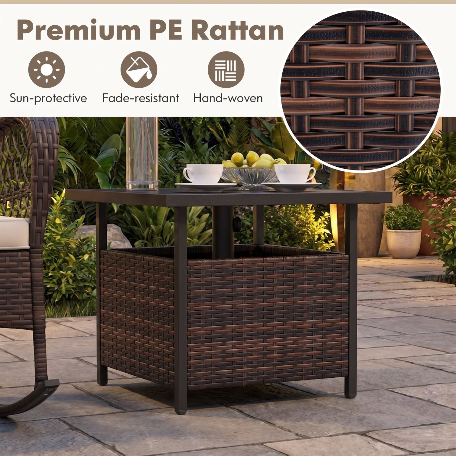 Biotree Outdoor Patio Rattan Wicker Steel Side Deck Table, Mix Brown
