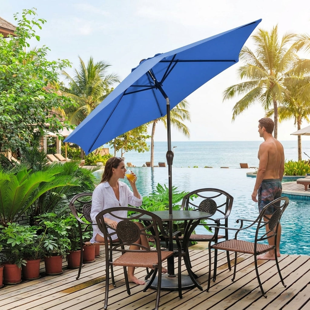 Biotree 9 ft Market Patio Umbrella with Crank and Tilt, 8 Sturdy Ribs, Vented Canopy - Blue for Backyard