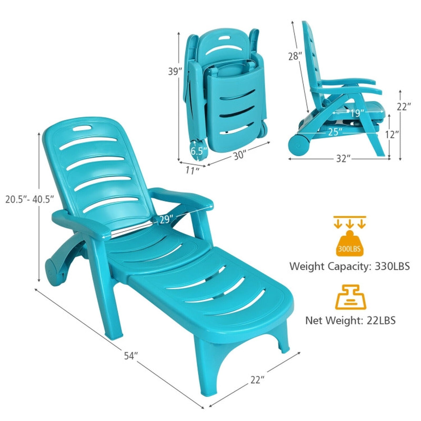Biotree 5 Position Adjustable Folding Lounger Chaise Chair Stackable Patio Chair for Garden BackyardTurquoise