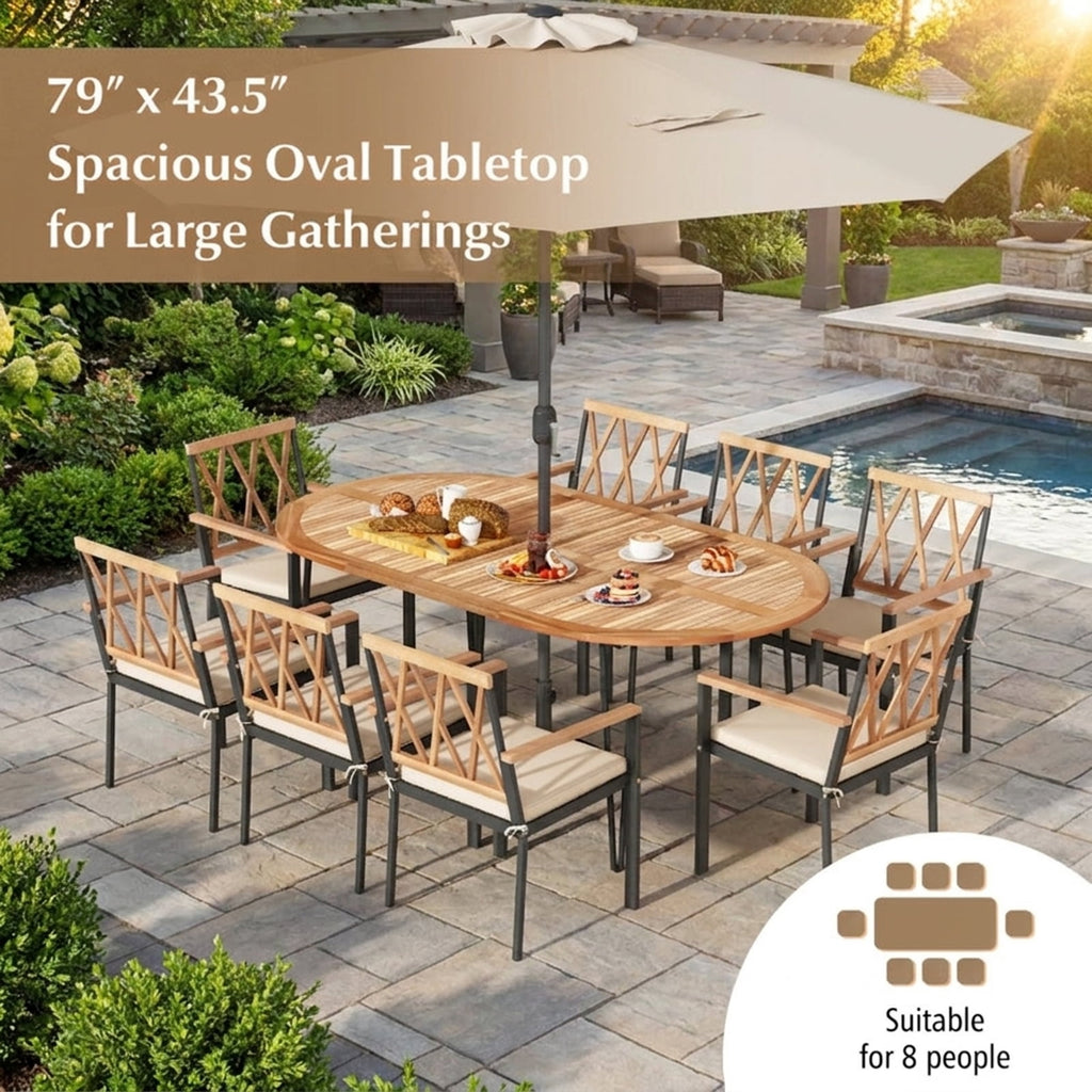Biotree 79 Inch Oval Patio Dining Table with Umbrella Hole and Acacia Wood Tabletop for 8 People, Natural
