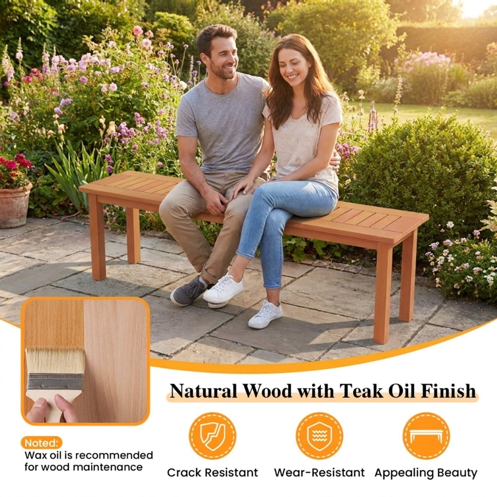 Biotree Outdoor 59 Inch Long Patio Dining Backless Wooden Bench with Teak Oil Finish Stackable Patio Chair for Garden BackyardNatural