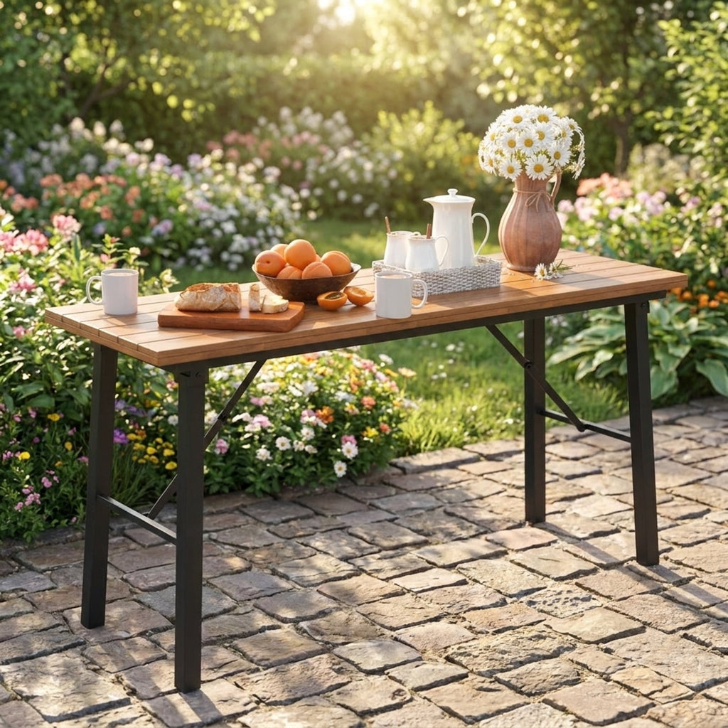 Biotree Folding Picnic Table Acacia Wood Dining Table with Metal Frame for Indoor Outdoor Activities, Natural