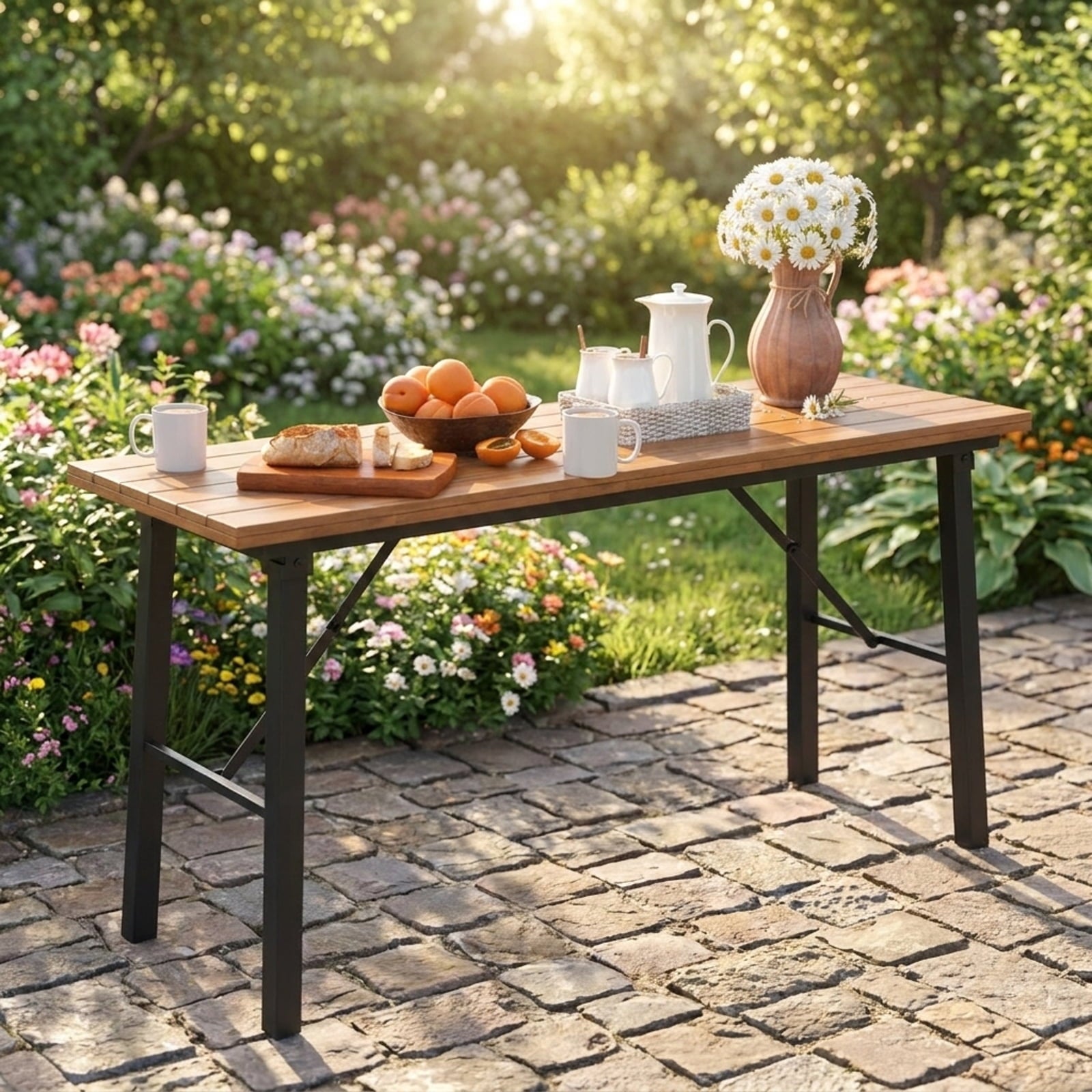 Biotree Folding Picnic Table Acacia Wood Dining Table with Metal Frame for Indoor Outdoor Activities, Natural
