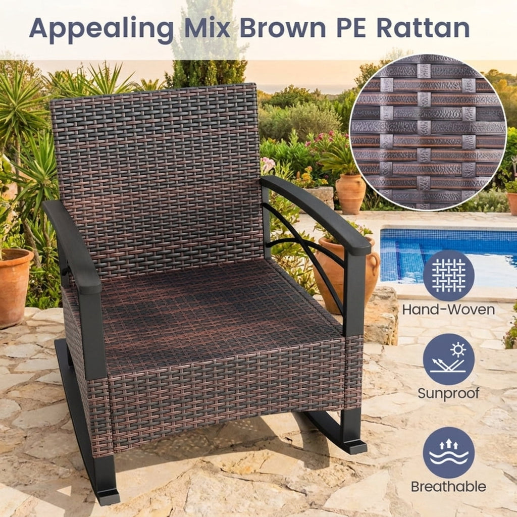 Biotree 3 Piece Rocking Bistro Set PE Rattan Rocker Chairs with Acacia Wood Top Table Outdoor Conversation Set for Garden Backyard PorchNavy