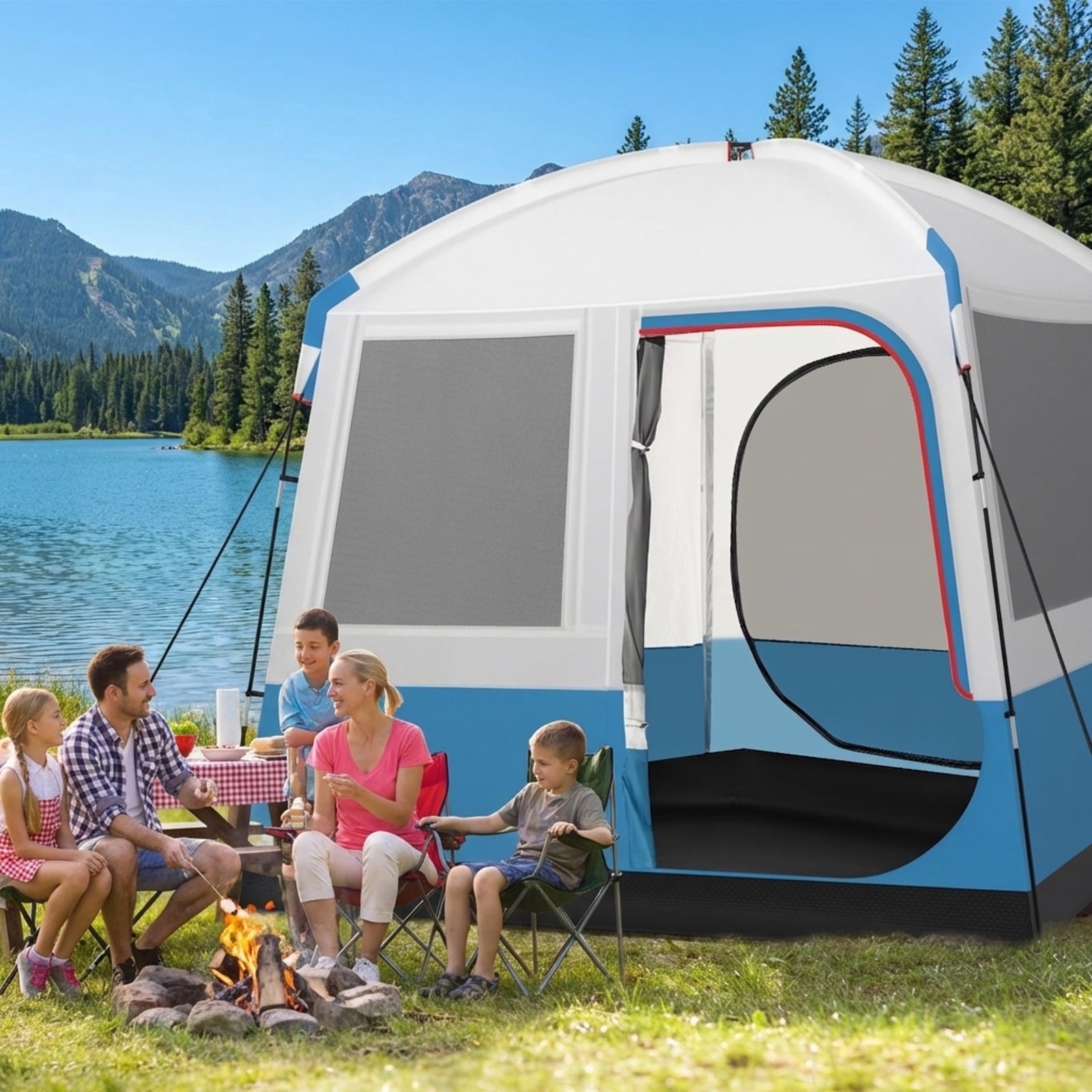 Biotree 5 Person Camping Tent with Mesh Windows and Carrying Bag for Family Camping Hiking, White