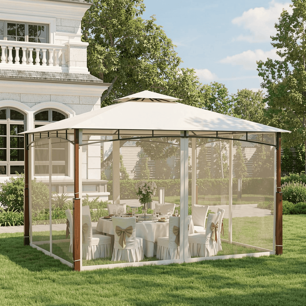 Biotree 12 x 10 Feet Outdoor Patio Gazebo with Netting and 2-Tier Canopy Roof Beige - Outdoor Patio Backyard Garden Shade Canopy Shelter